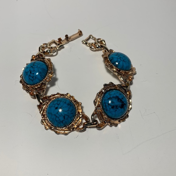 Faux Turquoise Link Bracelet Gold Tone Fold Over Clasp 7โ Bronze/Gold Tone VTG - Picture 1 of 13